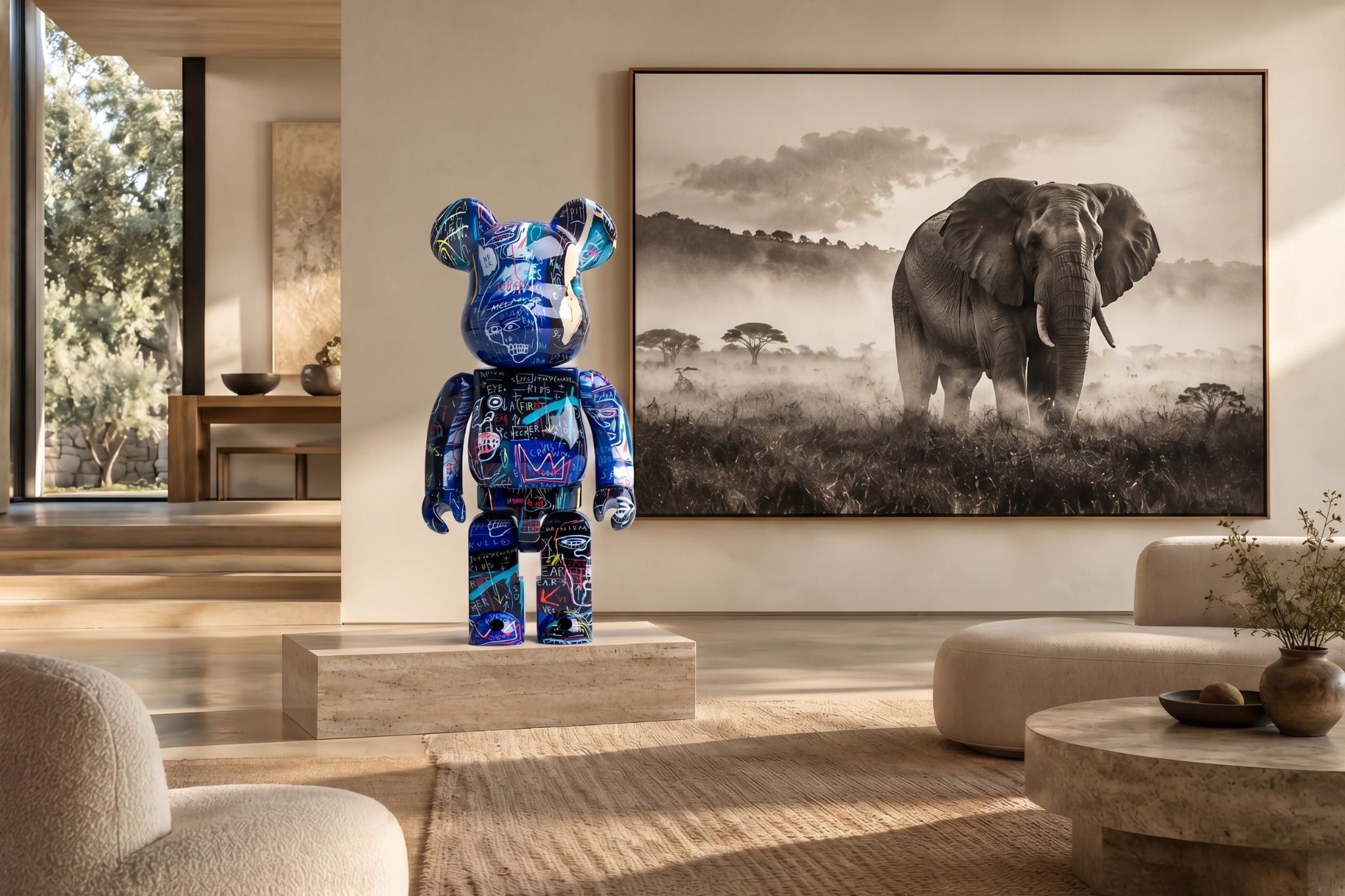 Contemporary interior with a colorful bear sculpture and a large black-and-white elephant photograph