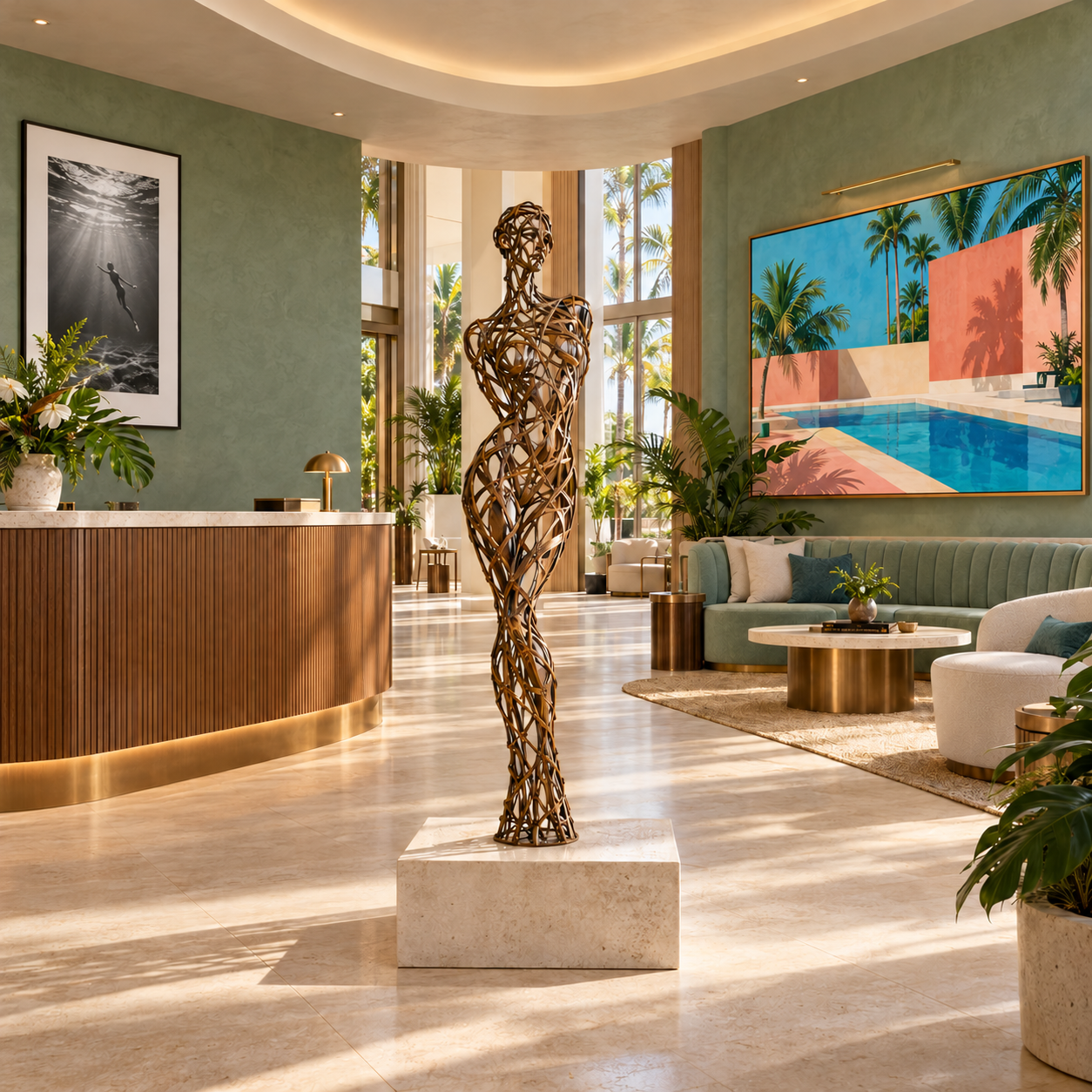 Boutique hotel lobby with a bronze sculpture, a black-and-white diver photograph, and colorful tropical artwork