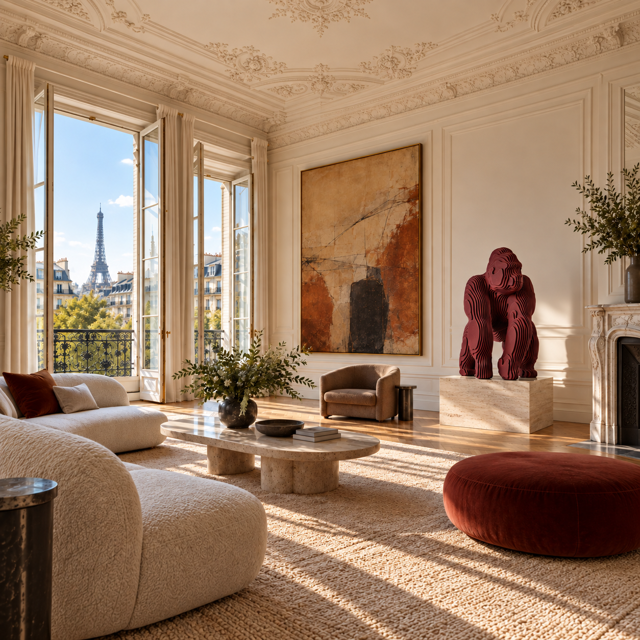 Parisian salon overlooking the Eiffel Tower, with a burgundy sculpture and contemporary painting